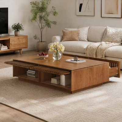 Mid Century Farmhouse Rectangular Coffee Table, Solid Wood Low Profile Cocktail Table with Slatted Hidden Storage Drawers