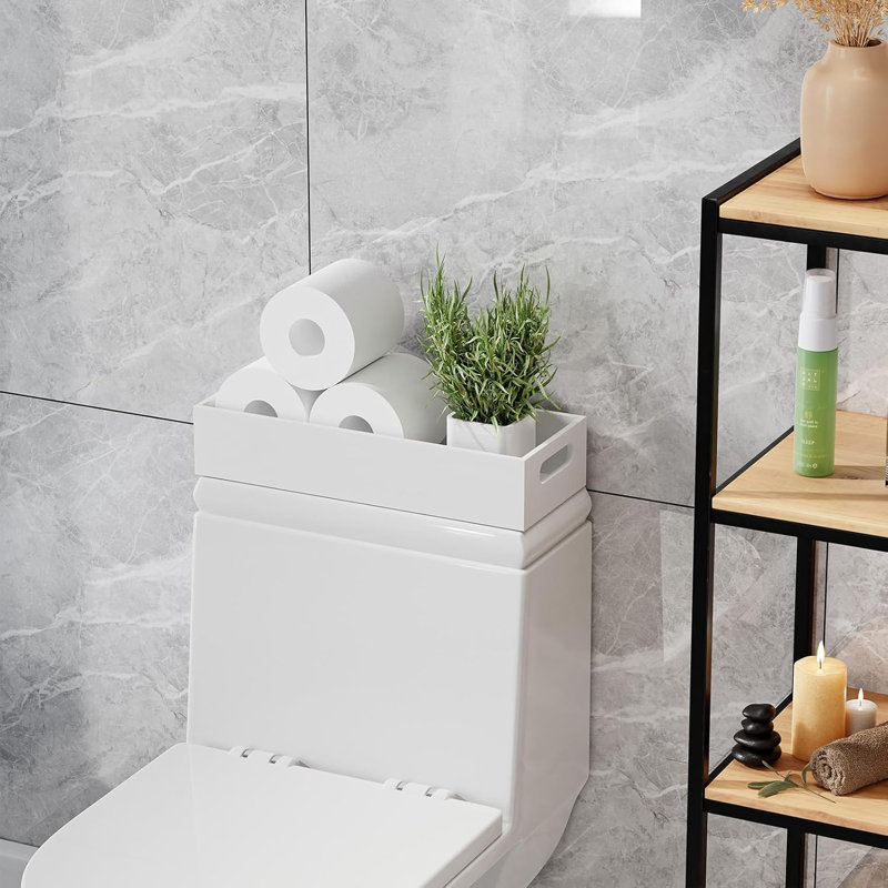 Rangement pour porte-papier hygiénique en bambou, plateau en bambou pour salle de bain avec poignée, panier de rangement pour porte-papier hygiénique pour réservoir de toilette / comptoir de cuisine, naturel, blanc