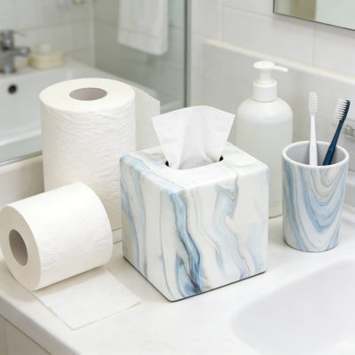 Decorative Tissue Box Cover For Bathroom Or Living Room, Durable Resin Countertop Organizer With Coastal Wave Design, Home Essentials Collection