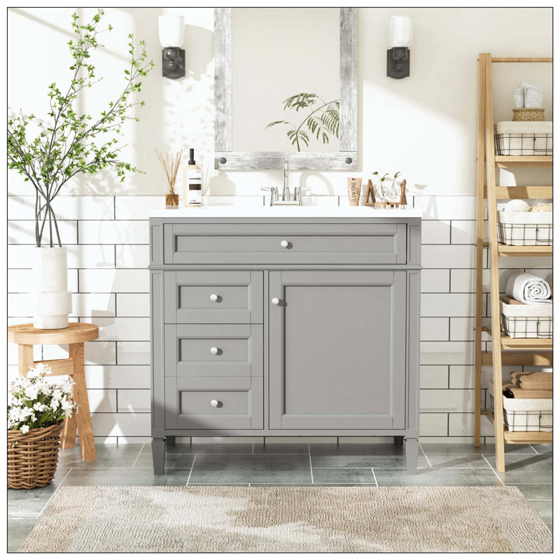 Meuble-lavabo moderne 2 tiroirs avec tiroir coulissant, Gris
