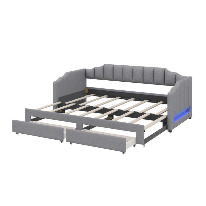 Twin XL Daybed With Integrated Compartment & Pull-Out Trundle, Upholstered Design Featuring LED Lighting, Gray