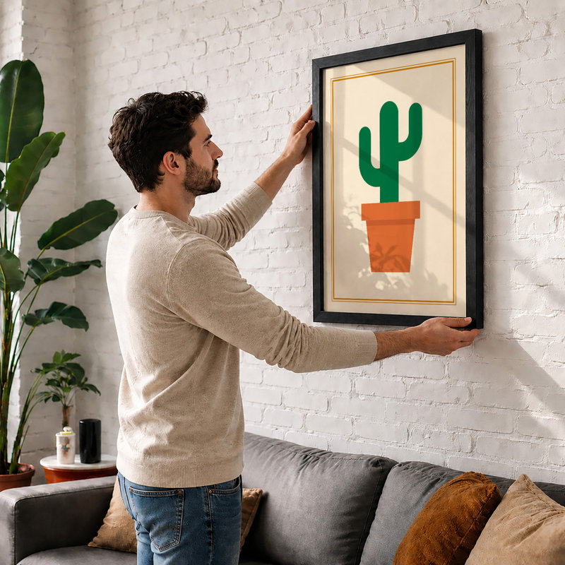 Potted Cactus Botanical - Framed Print, A1 - 84.1 x 59.4 cm, Walnut