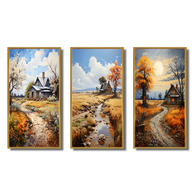 «Farmhouse Country Elegance Pointillism», 3 pièces sur toile, Encadrement doré, H 32 po x l 48 po