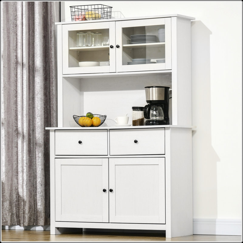 Spacieux buffet de cuisine de 63,5 pouces avec huche, armoire de rangement pour garde-manger, 4 tablettes, tiroirs, portes en verre encadrées, comptoir à micro-ondes ouvert