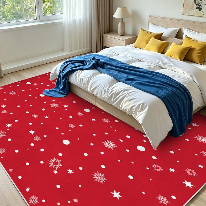 Tapis d'intérieur blanc lavable à la machine, motif flocons de neige rouges de Noël., Rectangle 79 po x 118 po