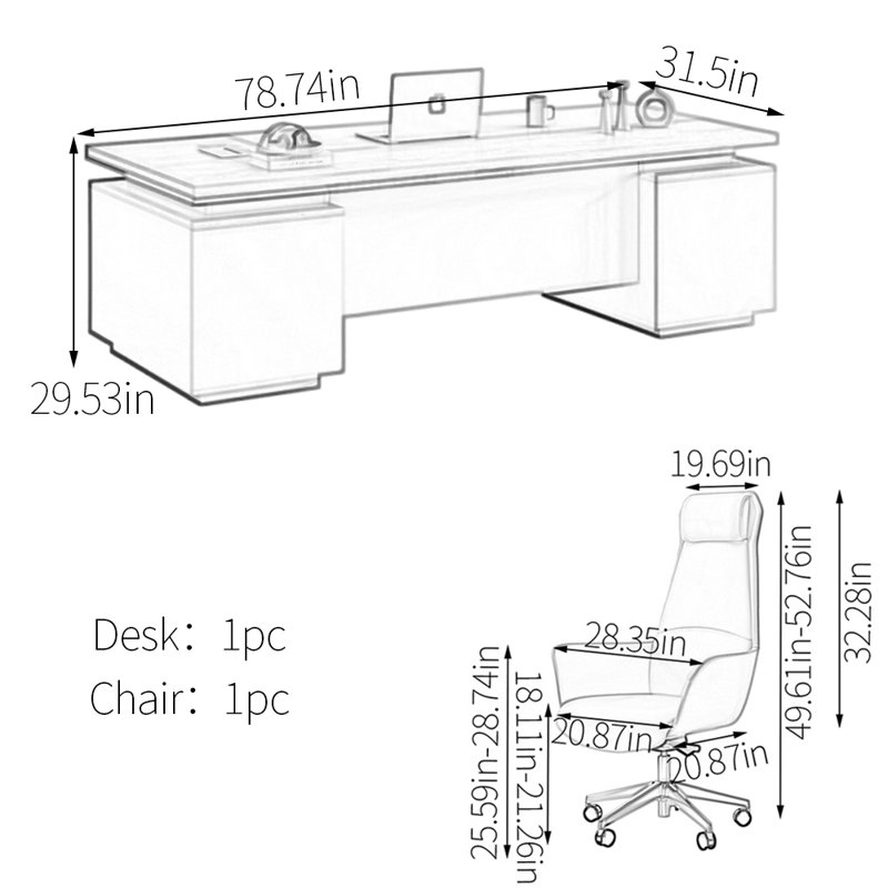 Bureau Argueta, H 29,53 po x l 78,74 po x P 31,5 po