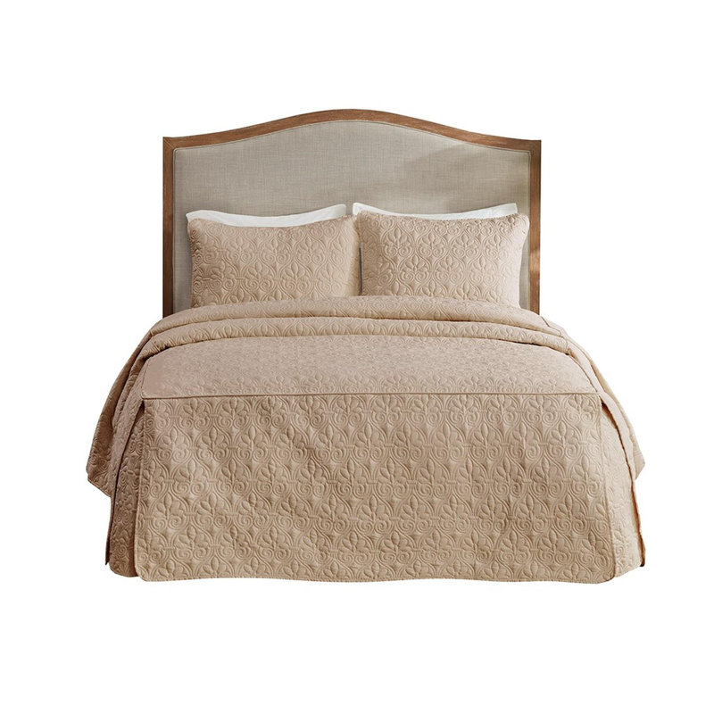 Ensemble de 3 couvre-lits matelassés plissés en coin Split, Couvre-lit grand et 2 taies décoratives, Kaki