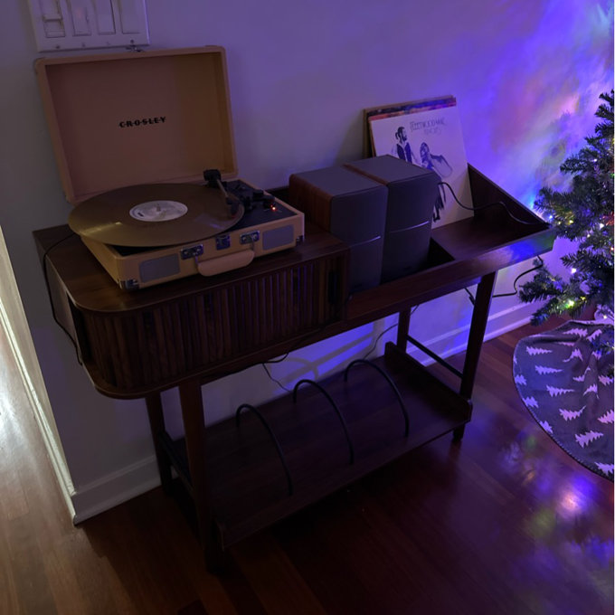 Large Record Player Stand, Vinyl Record Storage With Fluted Sliding Door, Media Turntable Stand, Stereo Cabinet With Door