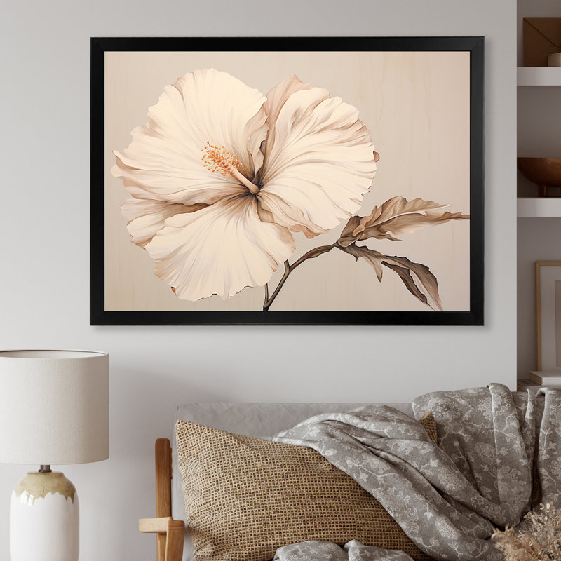 «Beige minimalisme», impression d'hibiscus sur toile, Cadre simple noir, H 24 po x l 32 po x P 1 po