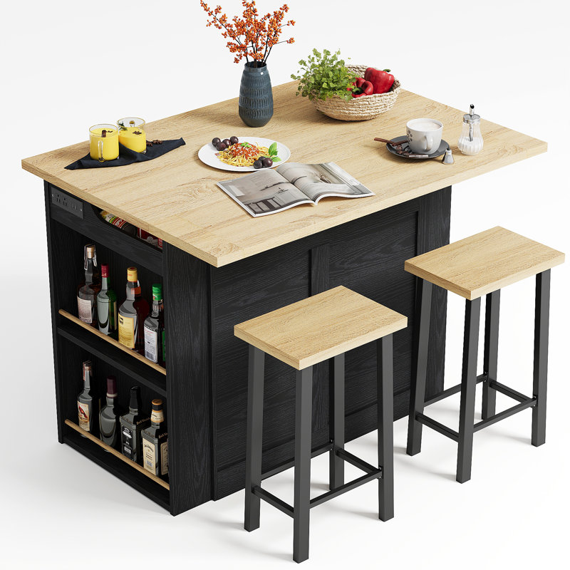Ensemble d'îlot de cuisine 3 pièces Lujane, Bois naturel, Noir