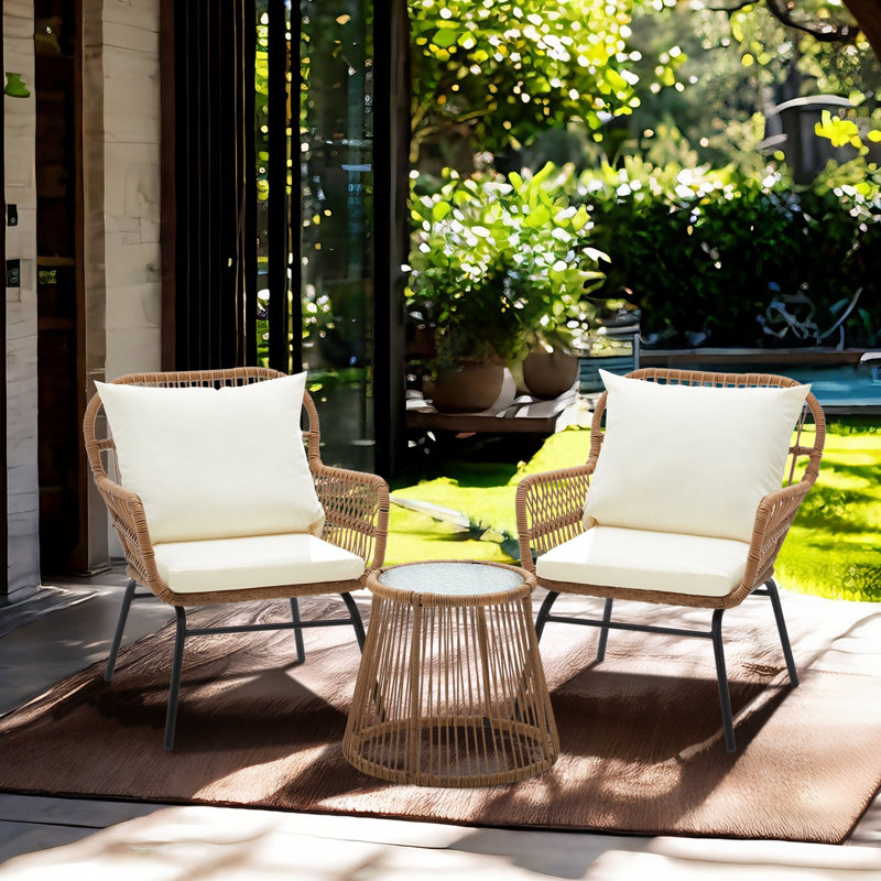 3-piece Outdoor Wicker Furniture Set, Patio Conversation Set For Garden, Balcony, Backyard, White, Brown