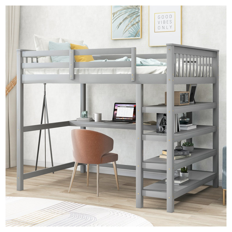 Full Size Loft Bed with Desk and Storage Shelves, Grey Solid Wood High Sleeper with Integrated Workstation