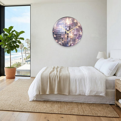 Stylish Shiny Mirror Ball With Reflective Square Tiles Pattern Ultra Clear Glass Wall Clock