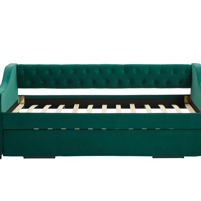Twin Daybed With Trundle, USB Ports, Side Pockets, Velvet Upholstery, Green