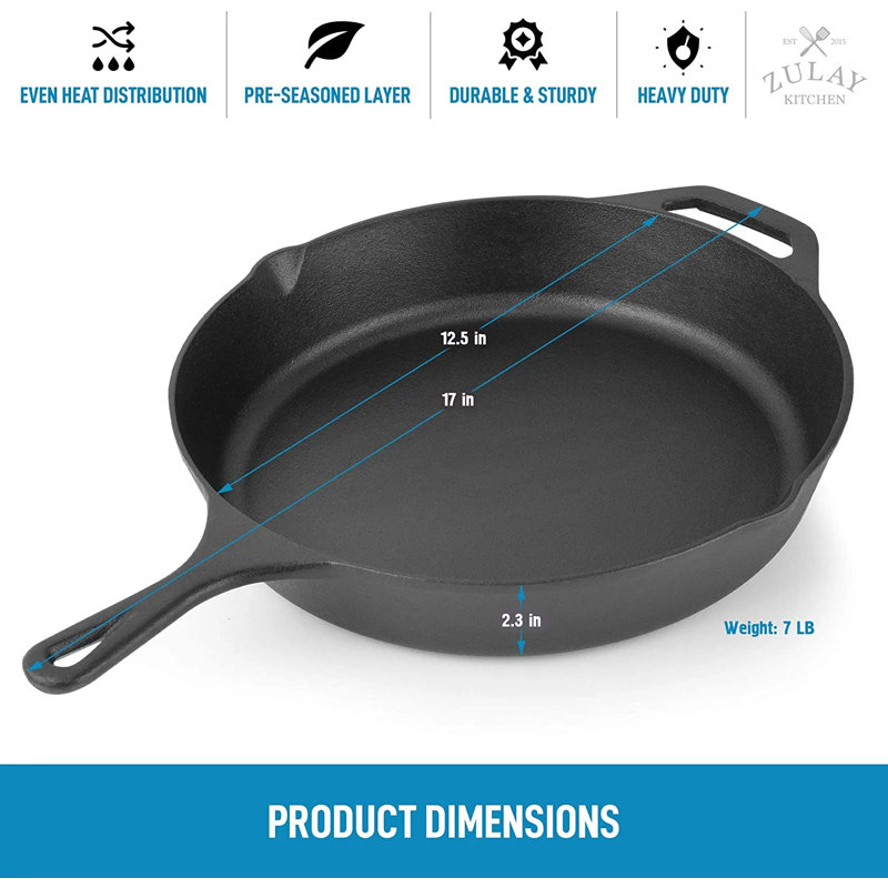 Zulay Kitchen Heavy Duty Cast Iron Skillet - Grill Stovetop Induction Oven & Campfire Safe