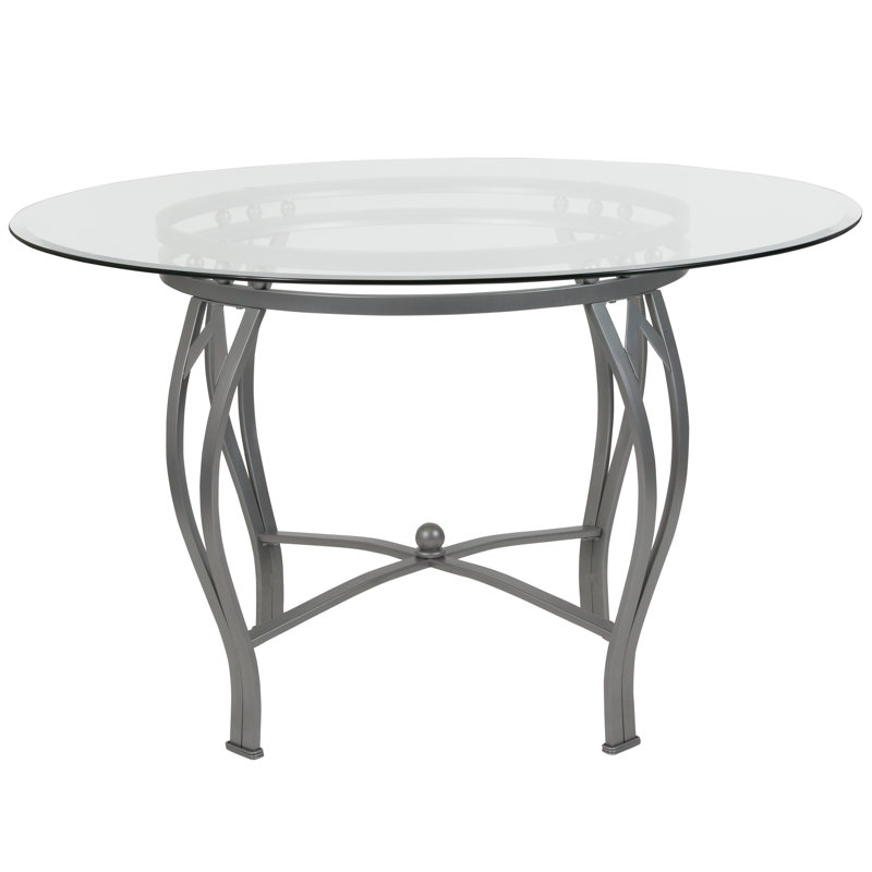 Syracuse Round Glass Dining Table with Bowed Out Metal Frame, 29.5" H x 48" W x 48" D, Silver