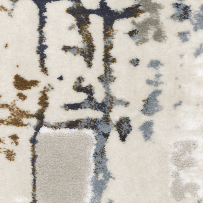 Tapis gris / ivoire / bleu foncé à motif abstrait tissé à la machine 8 pi x 11 pi, Rectangle 3 pi 3 po x 5 pi