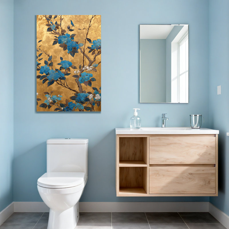 Plantes et fleurs Fleurs bleues sur fond doré avec oiseaux