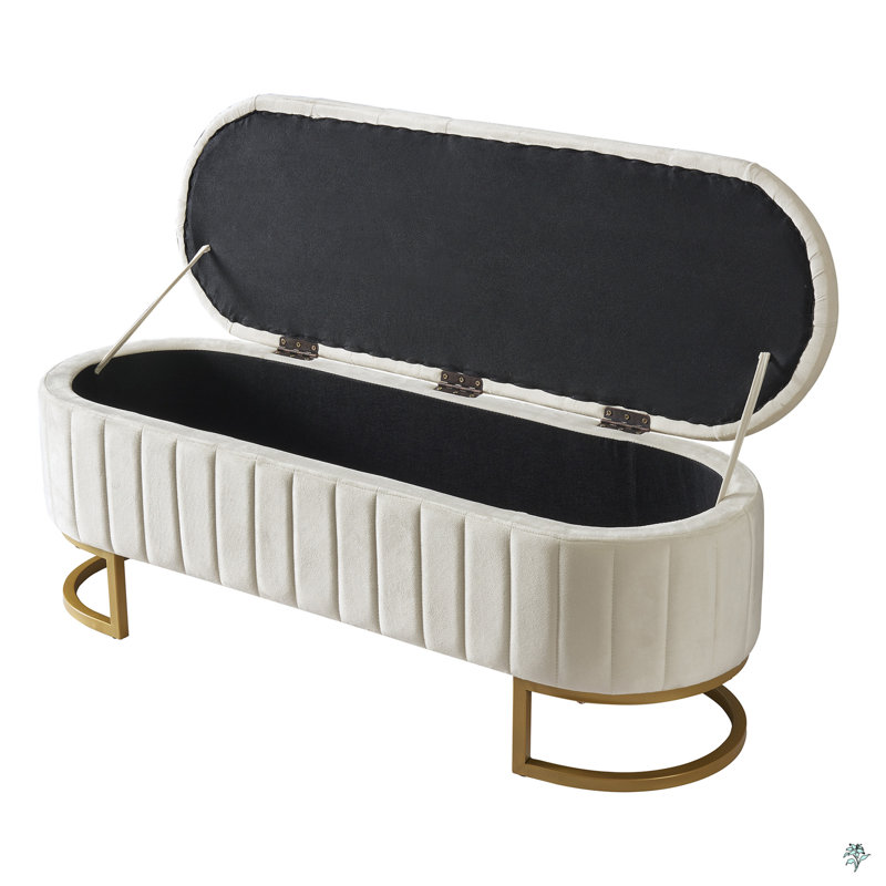 Upholstered Velvet Storage Ottoman With Button-Tufted,Storage Bench With Metal Legs, Beige
