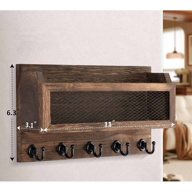 Wood Wall Organizer with Key Hooks, Brown