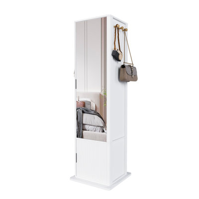 360° Rotating Jewelry Armoire with Full-Length Mirror & Coat Rack - White Makeup Cabinet with Hidden Storage