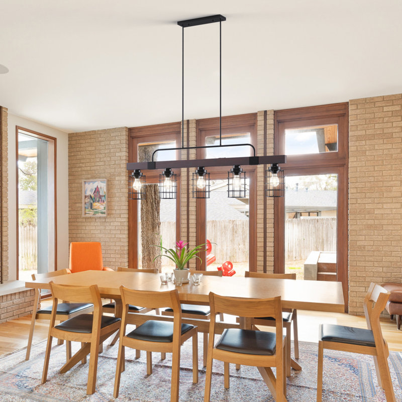 Modern Industrial 5-Light Linear Island Pendant with Black Iron Shades and Pine Wood Accents