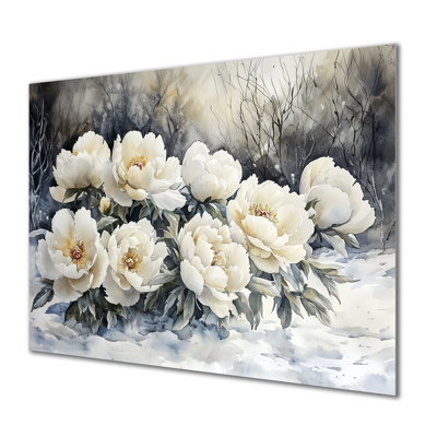 Neige pivoines dans la forêt I - pivoines, impression sur métal