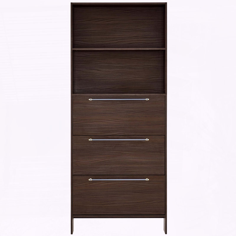 Armoire à chaussures étroite 12 paires avec 3 tiroirs rabattables et tablettes ouvertes, noyer