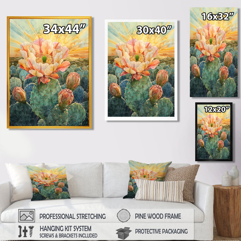 Cactus rose et vert baigné de soleil II - Tableau encadré, H 44 po x l 34 po, Cadre photo blanc