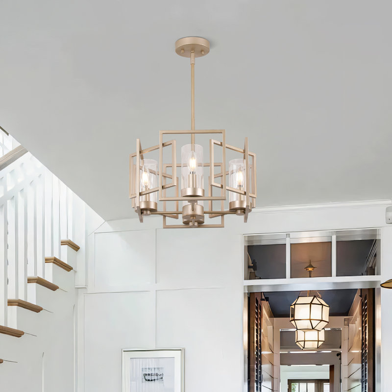 4-light Lantern Geometric Minimalist Marco Pendant Lamp or Semi Flush Mount, Brushed Gold