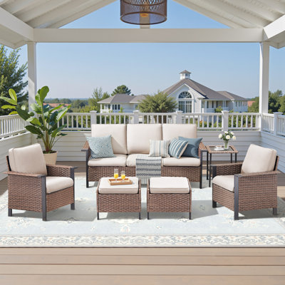 Coady 5 Person Outdoor Patio Wicker Wide Armrest Sofa Conversation Set With Ottomans