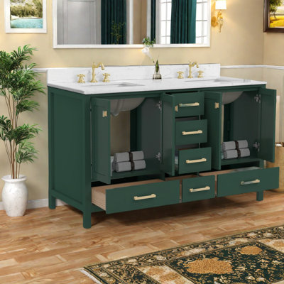 Premium Bathroom Vanities With Storage, Green Wood Frame, Modern Double Sink