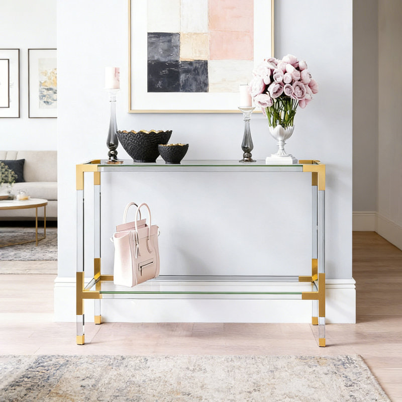 Console moderne en verre acrylique, H 31,5 po x l 31,5 po x P 13,78 po, Transparent / Doré