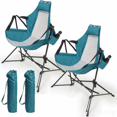 Hammock Camping Chair, Folding Portable Rocking Chair, Aluminum Alloy Adjustable Back Swinging Chair With Pillow Cup Holder, Recliner With Carry Bag For Outdoor Travel Lawn Backyard, Blue (2pcs)