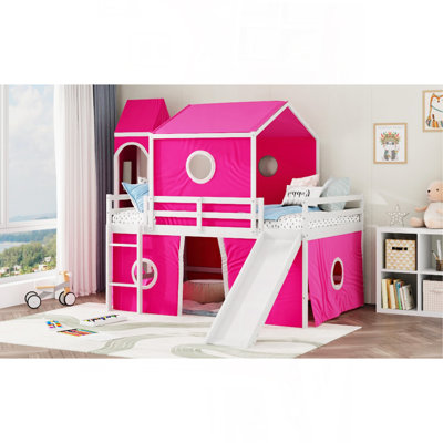 Lit mezzanine double avec tente et tour rose Slide - Rose
