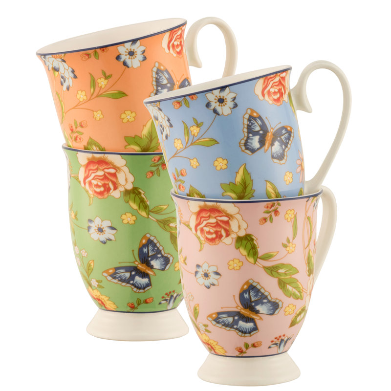 Cottage Garden Multicolor Ceramic Footed Mugs Set of 4