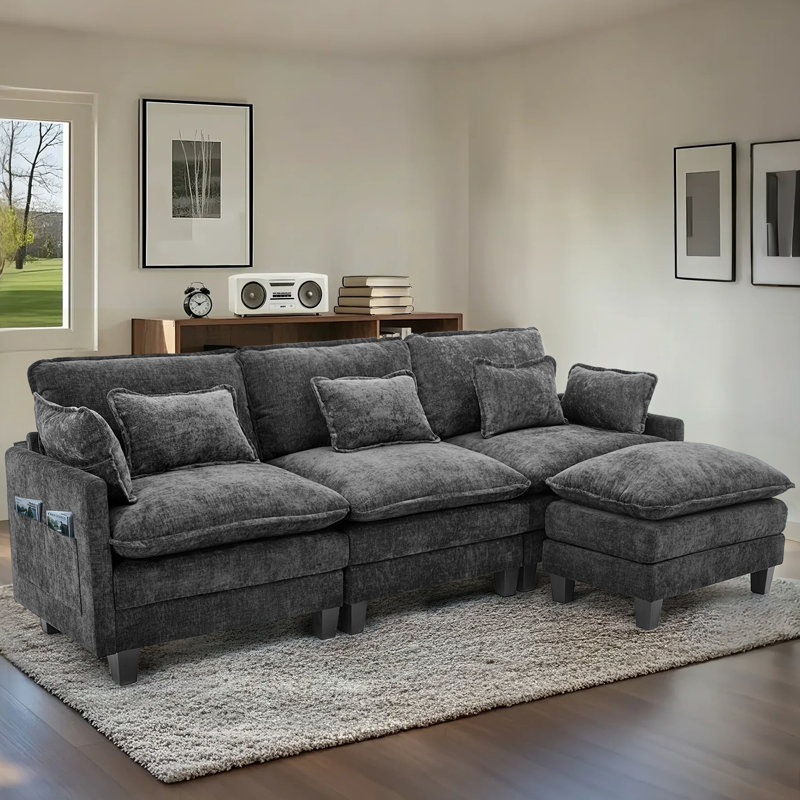 4 Piece Upholstered L Shaped Sectional Sofa, Black Chenille