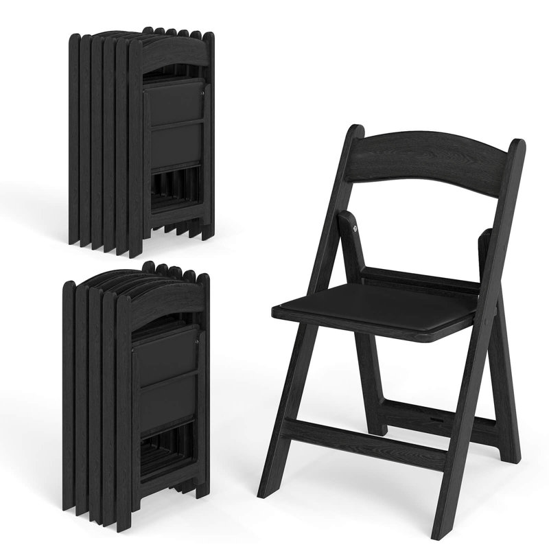 Paquet de 12 chaises pliantes en résine avec siège rembourré en résine toutes saisons pour patio noir