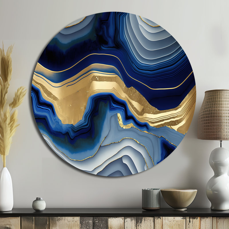 «Vibrant Blue and Gold Flow Art I», art abstrait en métal rond, H 36 po x l 36 po
