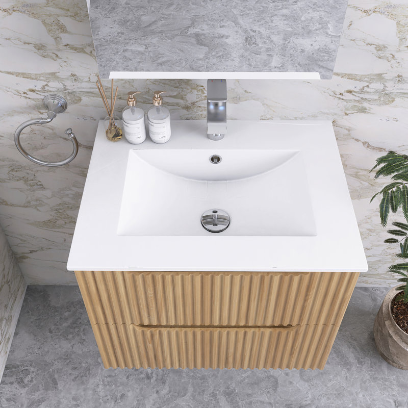 Modern Wall-Mounted  Striped Bathroom Vanity With Ceramic Sink, 24"