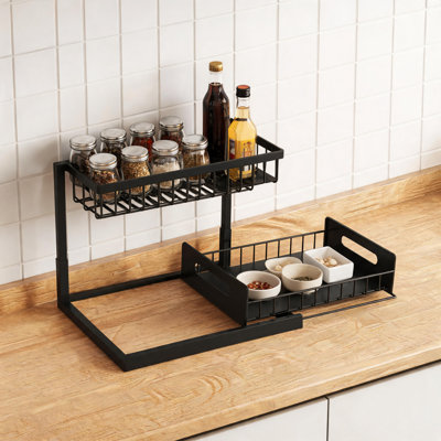 Étagère de rangement coulissante en deux pièces, noire, unité de rangement coulissante sous les armoires de cuisine et de salle de bain.