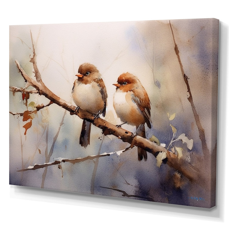 Oiseau moineau beige et brun I - art mural oiseau pour le salon, Toile tendue, H 16 po x l 32 po x P 1 po
