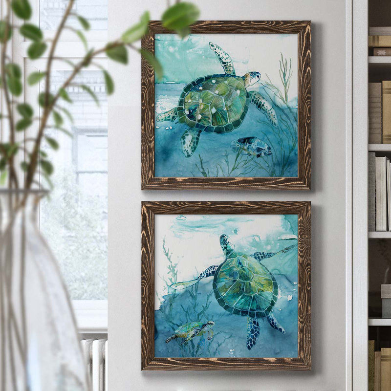«Delray Sea Turtle I», ensemble de 2 peintures sur toile encadrées, H 17 po x l 34 po x P 1,5 po, Encadré de bois de noyer