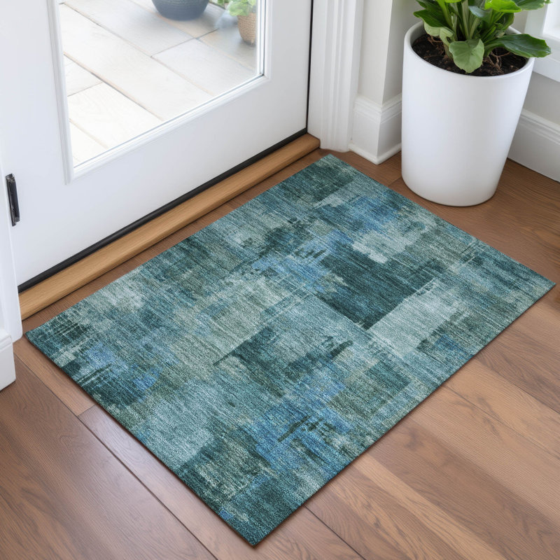 Tapis bleu sarcelle lavable à la machine intérieur / extérieur Xhevrie, Rectangle 1 pi 8 po x 2 pi 6 po