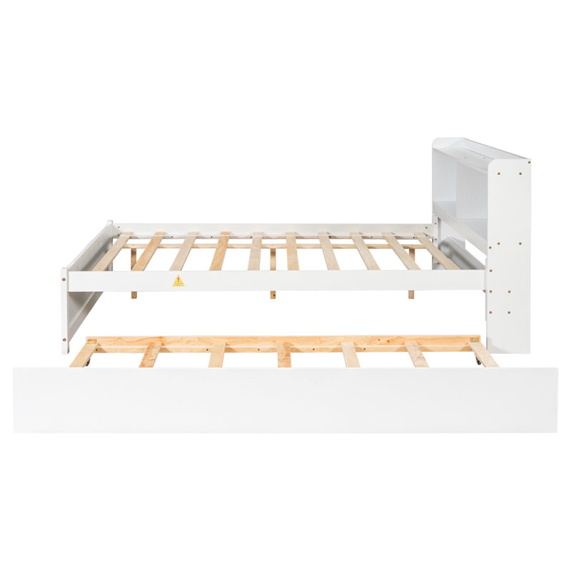Engeliene Wooden Bed with Trundle,Storage Bed Frame with Bookcase, Full, White