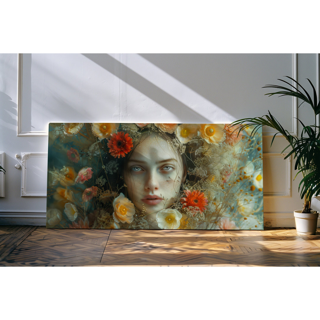 Wandbild 120x60cm Porträt einer jungen Frau grüne Augen Blumen Blüten