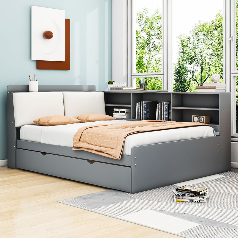 Lit plateforme en bois avec lit gigogne et tablettes, gris, Complète