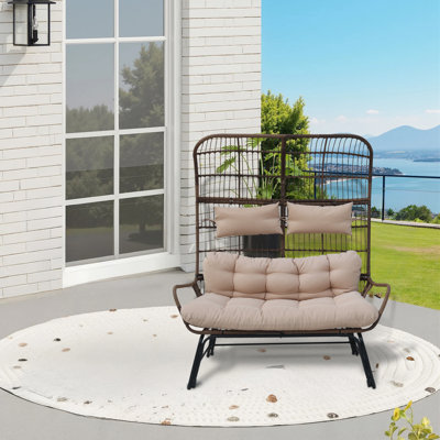Fauteuil double en osier pour l'extérieur, fauteuil avec repose-pieds, fauteuil de patio surdimensionné avec repose-pieds, coussins, fauteuil d'extérieur pour l'intérieur