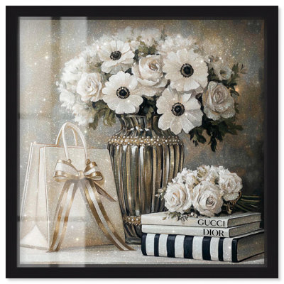 Elegant Flowers and Books Neutral Shadowbox Print Fashion Art Prints by Art Remedy