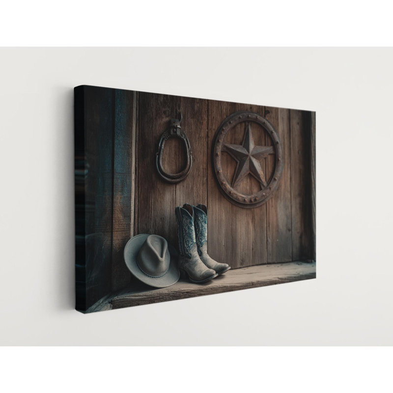 Toile Texas Star - bottes et chapeau de cowboy, décor occidental rustique, H 12 po x l 18 po